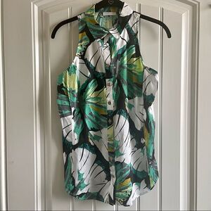 2/$22 New York & Company Green Floral Short Sleeve Button Up Top; SZ S; BNWT